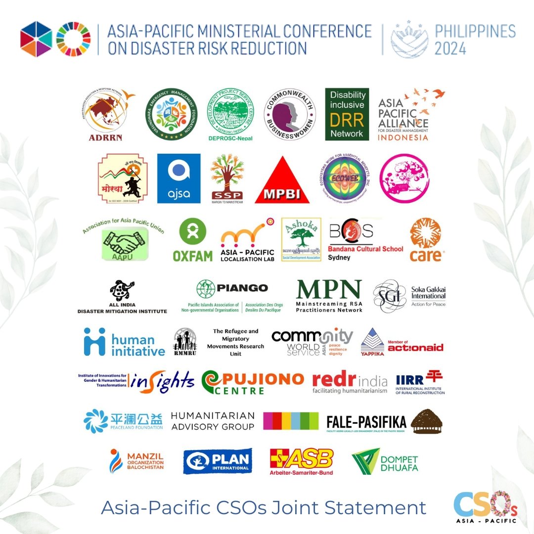 Honored to join hands with the Asia-Pacific CSO Forum at APMCDRR 2024! 🌍

Together with CSOs from across the region,we are committed to enhancing resilience&amp; accelerating disaster risk reduction by 2030. Now is the time to strengthen our collaboration for a sustainable future.