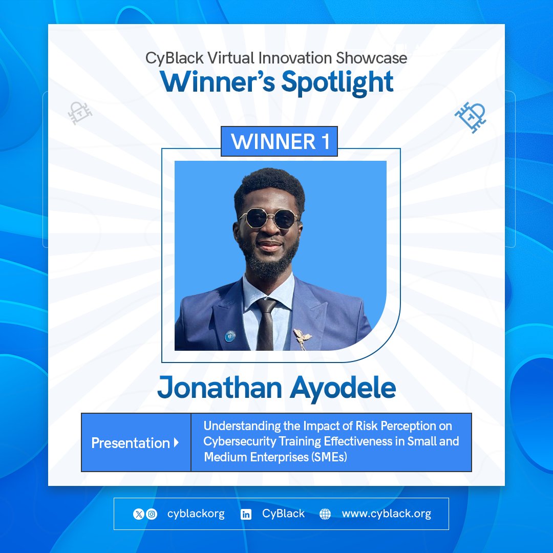 CyBlack Virtual Innovation Showcase 2024 was a success and on this note, we are spotlighting our winners to congratulate them and thank them for a job well done.

Our first place winner is:
Jonathan Ayodele.

@Jonat_ayo 

1/5