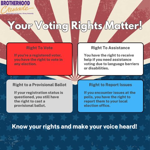 Brotherhood Crusade (@bcrusade) on Twitter photo Every voter has rights that matter. Make sure you know them before heading to the polls! Learn more at lacounty.gov/government/ele….
#VoterRights #VotingMatters #Election2024 #KnowYourRights #MakeYourVoiceHeard #BrotherhoodCrusade Every voter has rights that matter. Make sure you know them before heading to the polls! Learn more at lacounty.gov/government/ele….
#VoterRights #VotingMatters #Election2024 #KnowYourRights #MakeYourVoiceHeard #BrotherhoodCrusade