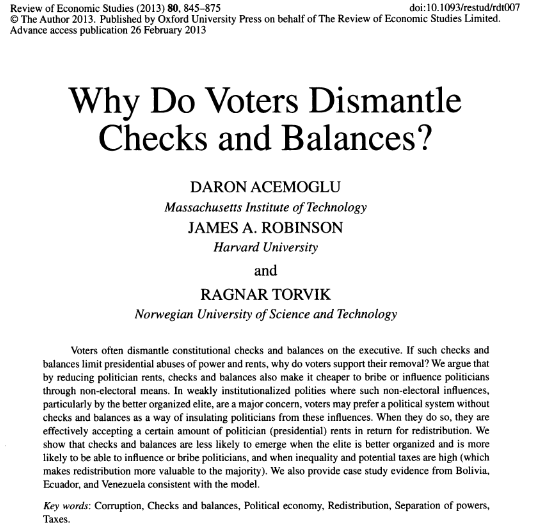 El trabajo de Acemoglu et al. (2013) es fundamental para comprender los procesos políticos en Ecuador, donde interactúan el electorado, los políticos y las élites en un contexto de desigualdad y debilidad institucional.