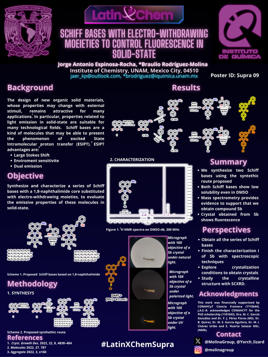 Hi <a href="/LatinXChem/">LatinXChem</a>, presenting my work "Schiff bases with electro-withdrawing moeieties to control fluorescence in solid-state"at #LatinXChem24 #LatinXChemSupra #Supra09