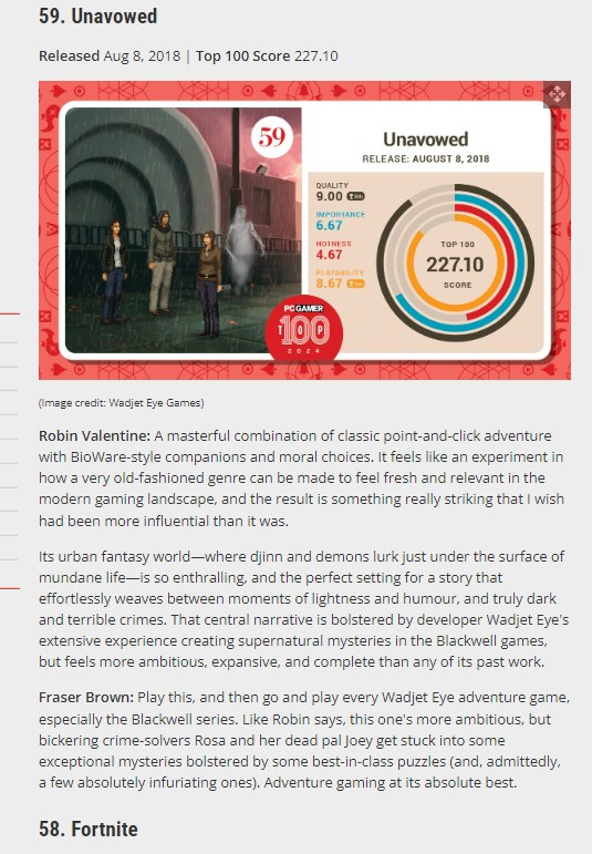 WadjetEyeGames's tweet photo. PC Gamer ranked Unavowed #59 on its top 100 PC games list. Just behind a little-known game called Fortnite. Those hacks. We'll get 'em next year. https://t.co/kngXfbrkuQ