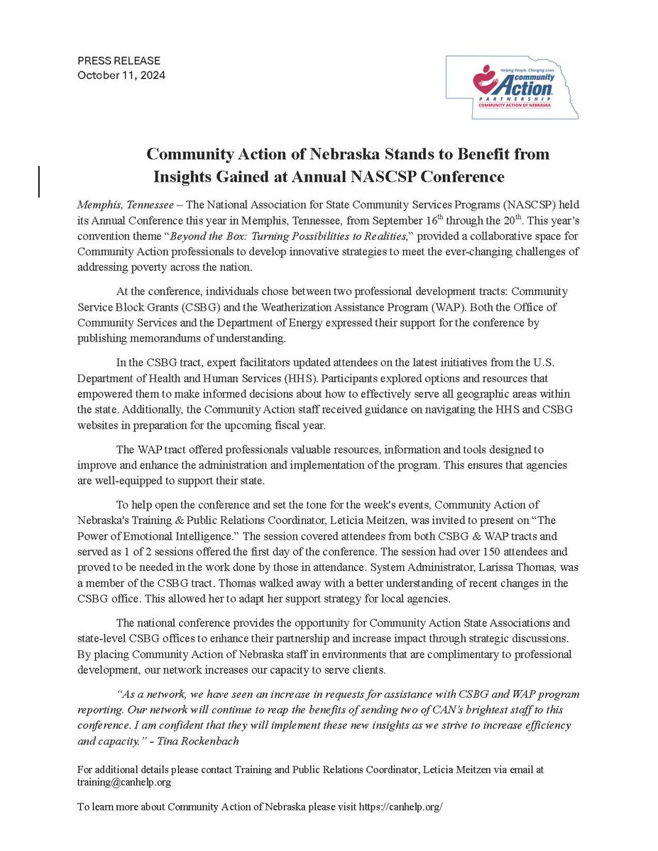 ActionNebraska's tweet photo. Two of our staff members recently attended the National Association for State Community Services Programs (NASCSP) in Memphis, Tennessee. Read more below. https://t.co/QUrbD0fM52