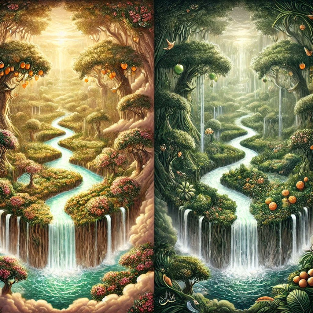 فهذا يعني أن هناك أربع جنان ينقسمان اثنين اثنين. فما الفرق بينهما ؟ 
فقلت : لا أعرف قال : سوف أوضح لك. وهنا كانت الصدمة أن هناك فرقا شاسعا بينهما 

١- إن الجنتين الأفضل هما للمُتقي الذى يخاف ربه. 
٢- وهما ( ذواتا أفنان ) أي تحتوي على شجر كثيف يتخلله الضوء، وهذا منظر بديع جميل يسر