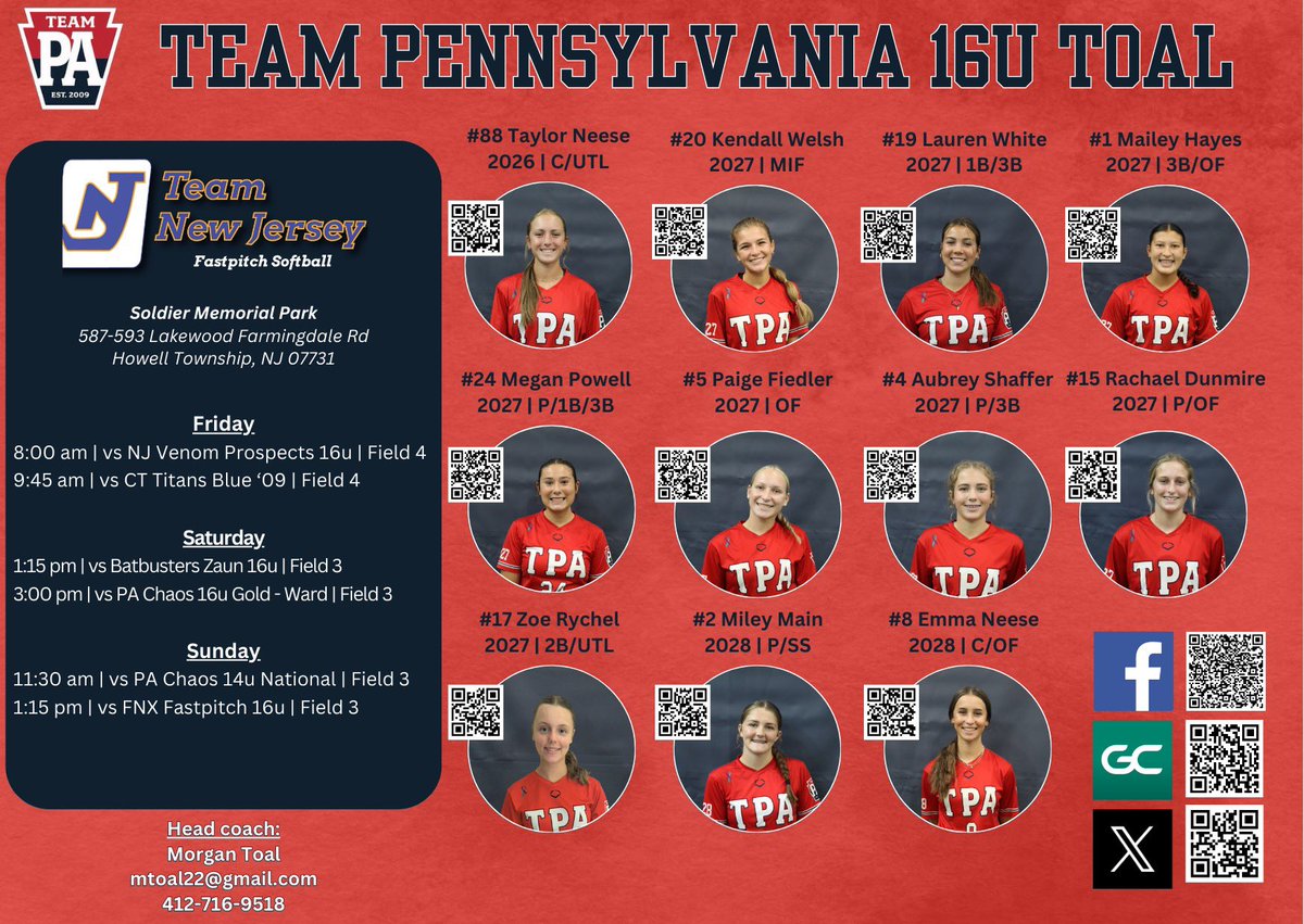 🚨Team NJ Showcase Schedule!!🚨

Come check us out this weekend @ Soldier Memorial Park!❤️🤍💙 #teampaproud

<a href="/teampafastpitch/">Team Pennsylvania Fastpitch</a>