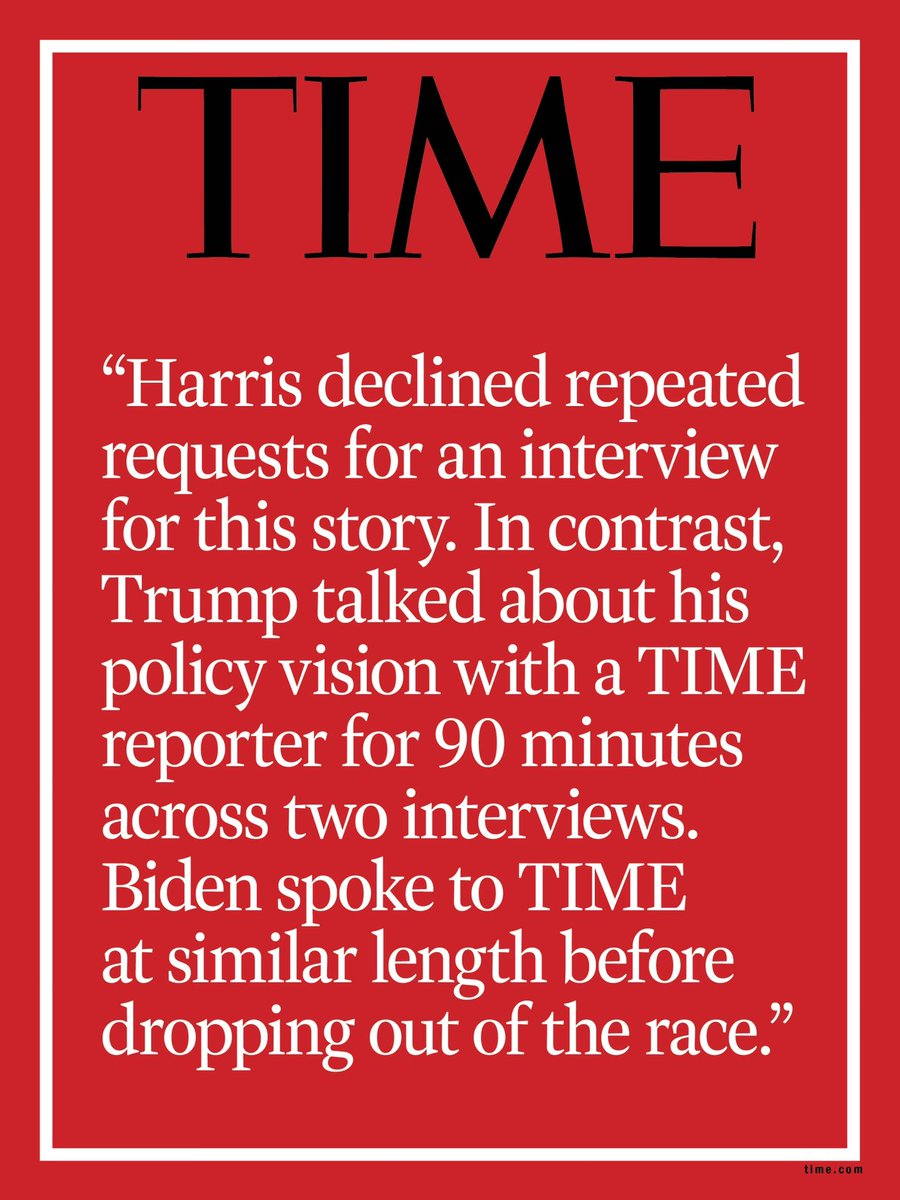 Benioff's tweet photo. “Harris declined repeated requests for an interview for this story. In contrast, Trump talked about his policy vision with a TIME reporter for 90 minutes across two interviews. Biden spoke to TIME at similar length before dropping out of the race.” https://t.co/5wUbsStjep https://t.co/1bvwzSSvbd