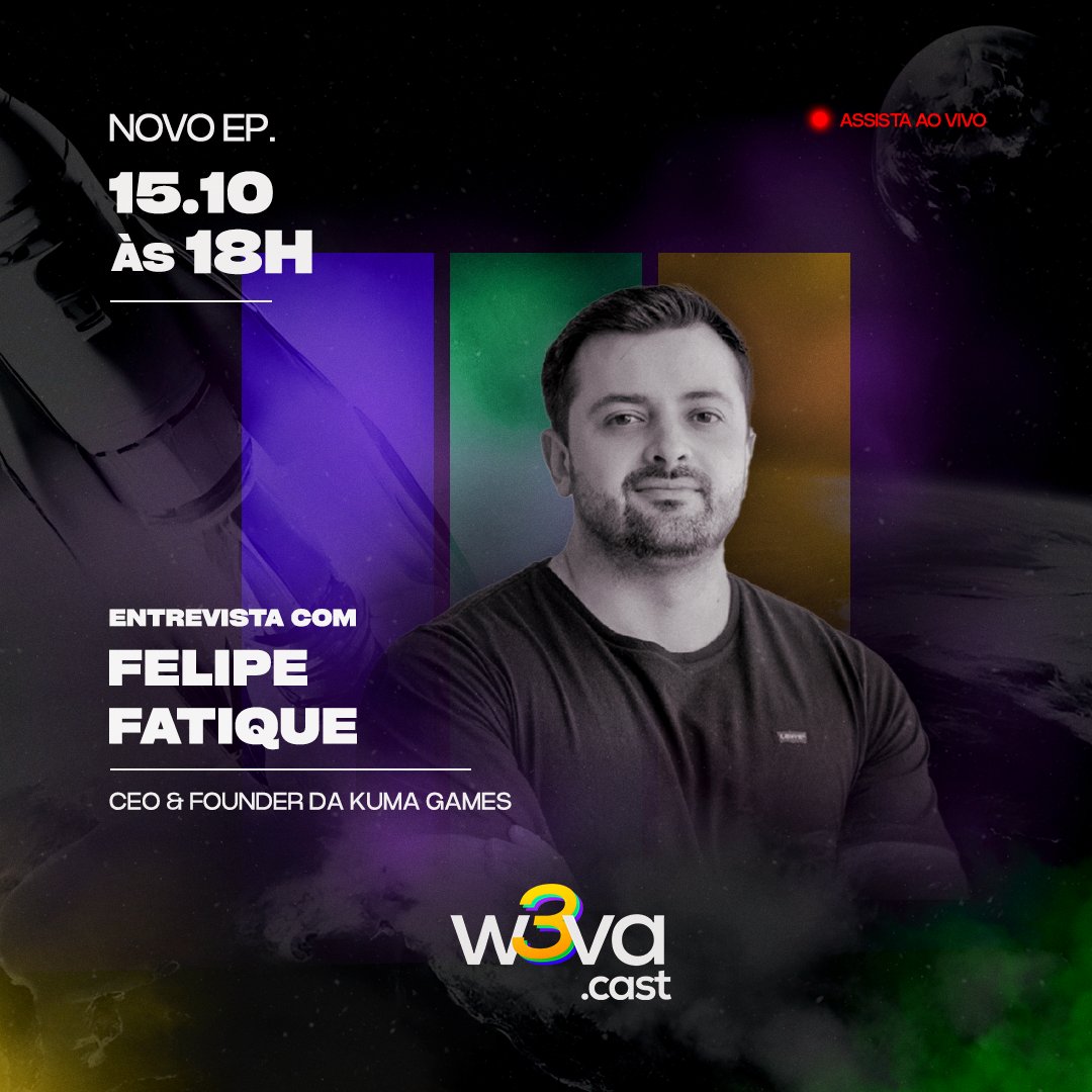 🎙️Tá na hora de sintonizar no W3Va Cast!🚀

Nosso host Guto Farias vai bater um papo com Felipe Fatique, CEO e Founder da Kuma Games, startups de desenvolvimento de games web3!

Tema: O futuro dos jogos Play-to-Earn 

🎥AO VIVO no Youtube e LinkedIn no dia 15/10 às 18h.