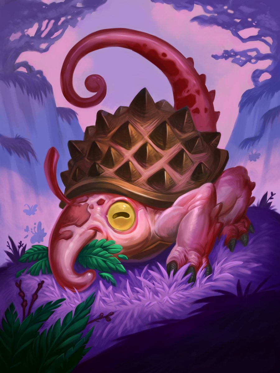 Image shows an adorable pink quadruped creature with yellow eye, spiked brown shell and long curled tail. The creature is eating some leaves. The video shows this same creature being pet by content creator Voxy. After petting the creature Voxy responds in disgust with her hand covered in slime