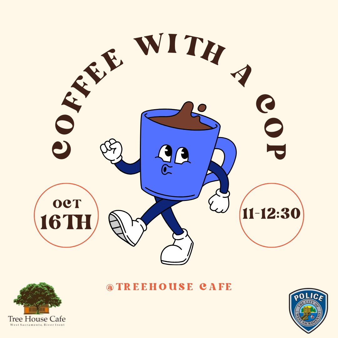 Join us for a cup of coffee and great conversation! No agenda, just a chance to connect with the community.
📅 Date: Wednesday, October 16th
 🕒 Time: 11AM – 12:30PM
 📍 Location: Treehouse Café (630 3rd Street)
#westsacbestsac #Westsaccommunity #coffeewithacop