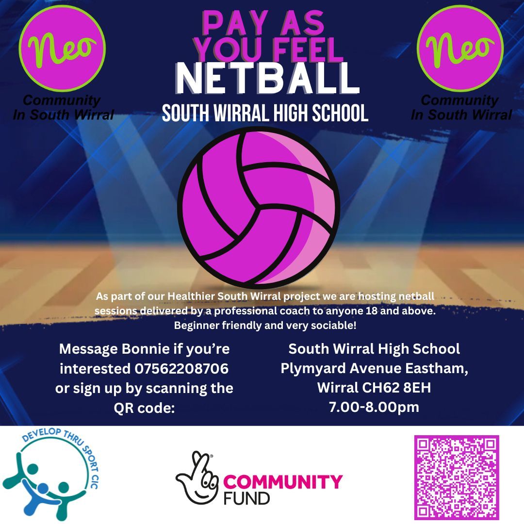 Tuesday Nights are for Netball Fun
Grab your trainers and join us at South Wirral High School for an evening of netball! It’s the perfect way to relax, connect, and engage in some friendly competition

🗓 When: Every Tuesday
⏰ Time: 7:00 PM
📍 Location: South Wirral High School