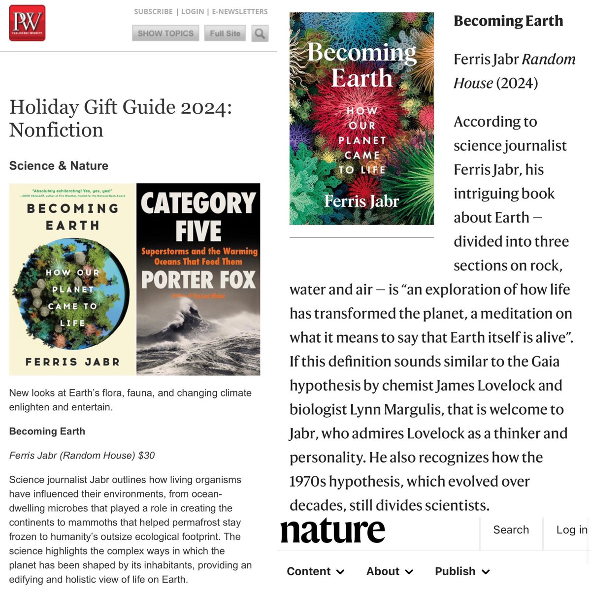 Becoming Earth has made <a href="/PublishersWkly/">Publishers Weekly</a> 2024 Holiday Gift Guide and <a href="/Nature/">nature</a>’s best science picks