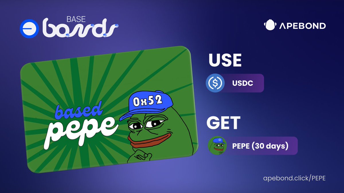ApeBond's tweet photo. New round of 🔵 Base Bonds with @0x52BasedPepe is out! 🐸

🧢 Based $PEPE is set to lead the memecoin season on @Base, offering a safe, authentic token for the crypto space with a renounced contract and locked LP.

Get $PEPE, stay for the memes 😉
➡️ https://t.co/SowwM0vJFi