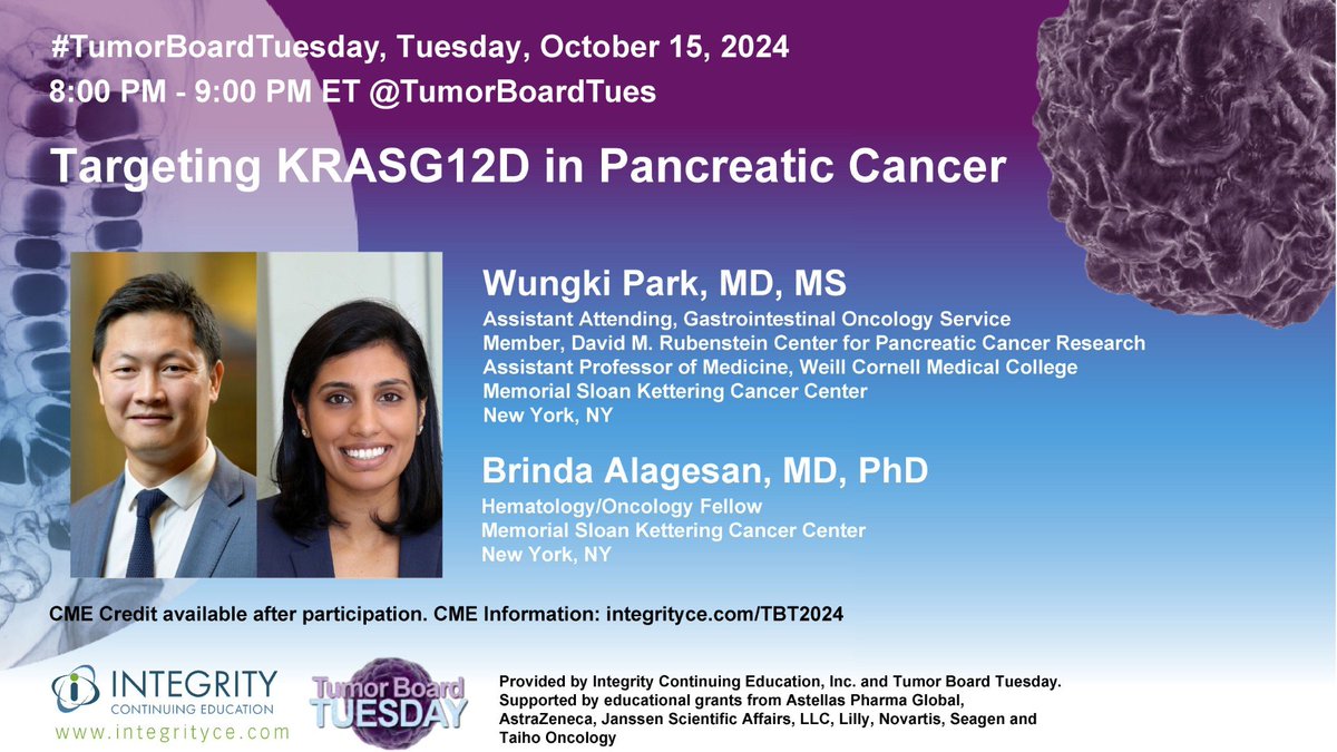 #TumorBoardTuesday (@tumorboardtues) on Twitter photo #TumorBoardTuesday
30% of all cancers are KRAS mutated‼️ And in #PancreaticCancer KRAS has been the most elusive🎯
📢So tune in Tuesday, 10-15-24 at 8PM ET as <a href="/CentralParkWMD/">Wungki Park, MD MS</a> & <a href="/brindaalagesan/">Brinda Alagesan</a>🗣️targeting KRASG12D in Pancreatic Cancer
RT and bring others into the discussion‼️ #TumorBoardTuesday
30% of all cancers are KRAS mutated‼️ And in #PancreaticCancer KRAS has been the most elusive🎯
📢So tune in Tuesday, 10-15-24 at 8PM ET as <a href="/CentralParkWMD/">Wungki Park, MD MS</a> & <a href="/brindaalagesan/">Brinda Alagesan</a>🗣️targeting KRASG12D in Pancreatic Cancer
RT and bring others into the discussion‼️