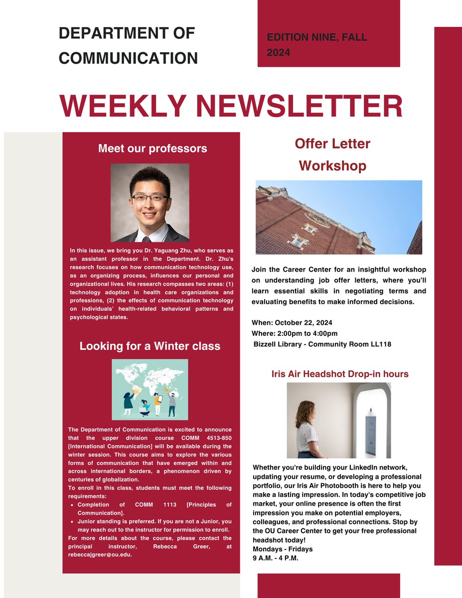 It's a new week, and the Comm Dept Newsletter will inform you about the activities, events, etc., that will happen during this week, Oct 14- 18, 2024