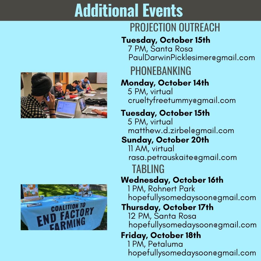We have about 3 weeks left until voting day! Here are the many different opportunities happening this week. You can reach out to the organizer listed by each event for more details or go to YesOnJ.vote/calendar

#YesOnJ #StopFactoryFarming #ProtectAnimals #SonomaCounty