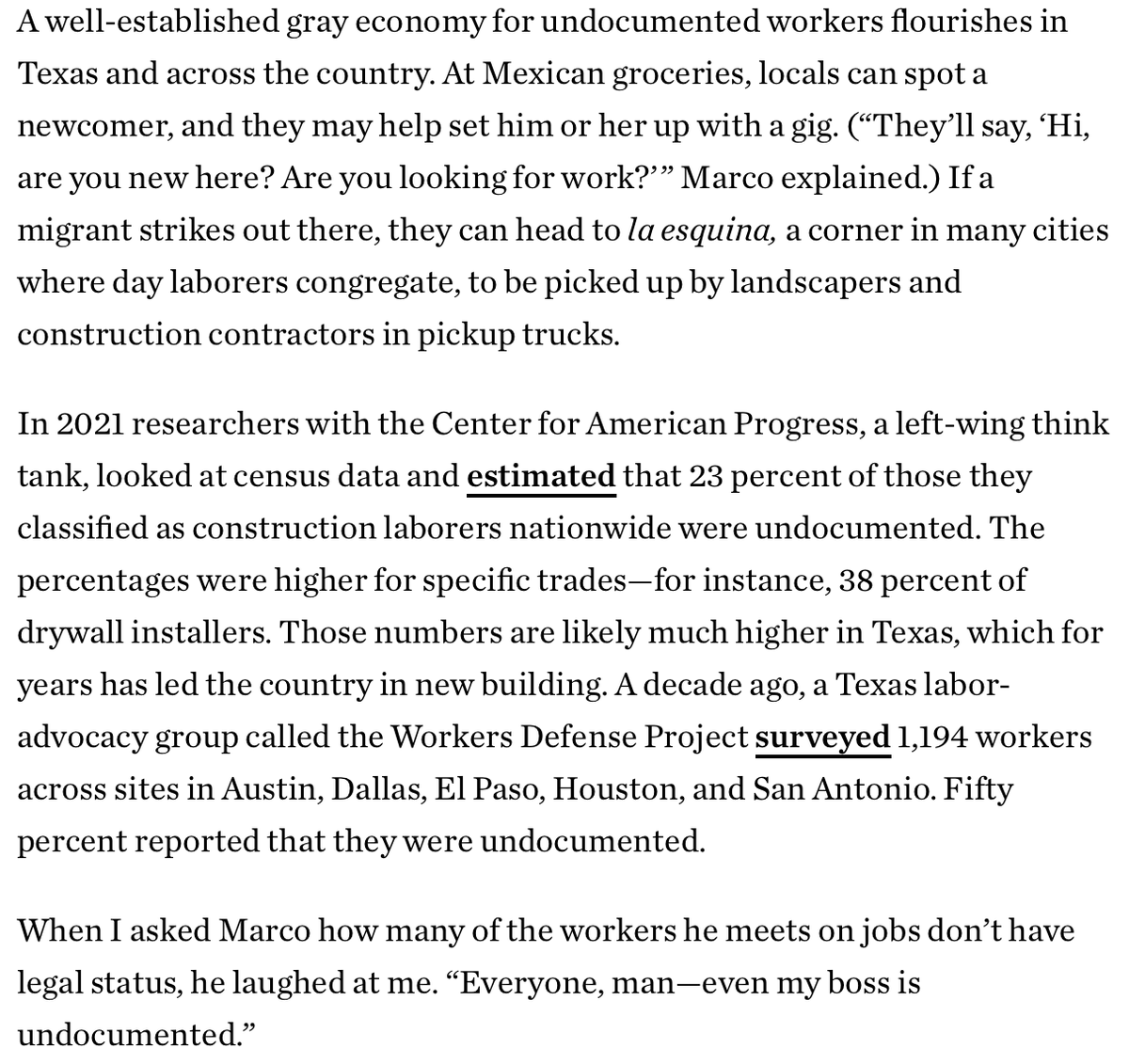 jherrerx's tweet photo. As many as 50% of Texas construction workers are undocumented. 

The industry is struggling with severe labor shortages, the result of a seemingly inviolable trend: as the U.S. gets richer, Americans are increasingly unwilling to work with their hands, no matter the pay. https://t.co/m3bPPHWJj9