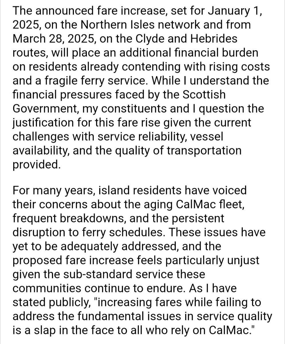 AlastairRedman's tweet photo. I’ve written to Transport Secretary Fiona Hyslop regarding the unfair 10% CalMac fare hike.
Our island communities rely on these ferries, yet face rising costs without improved service.
It’s time to prioritise reliability and affordability for our islands! #SupportOurIslands https://t.co/UjMF0Ny0oj