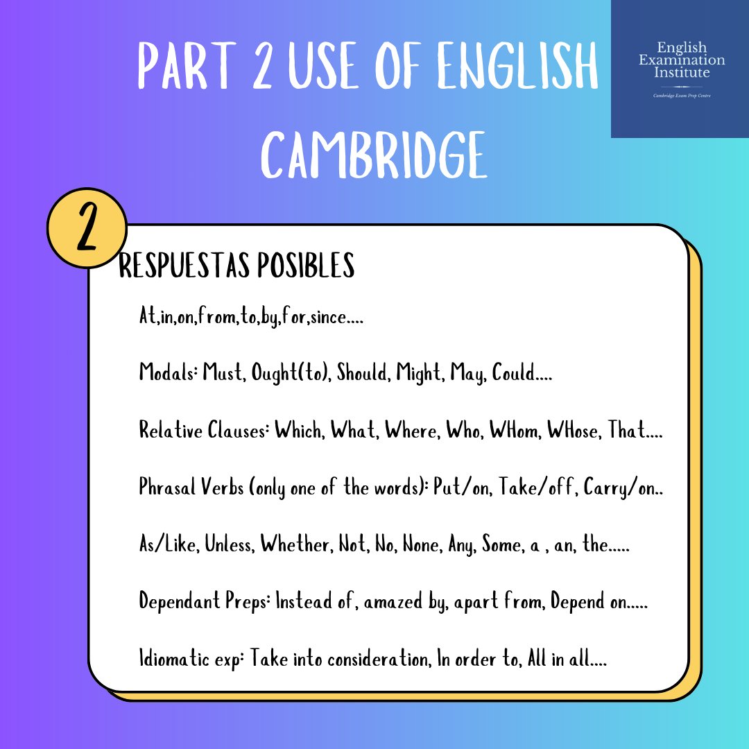 EnglishExamina1's tweet image. 📚✨ ¡Mejora tus resultados en la Parte 2 de Use of English para los exámenes de Cambridge! 🎯 Te dejamos con posibles respuestas y tips para que puedas practicar y perfeccionar tus habilidades. 💪🏼

¡A por ese certificado! 💼🎓

#CambridgeExams #UseOfEnglish #StudyTips