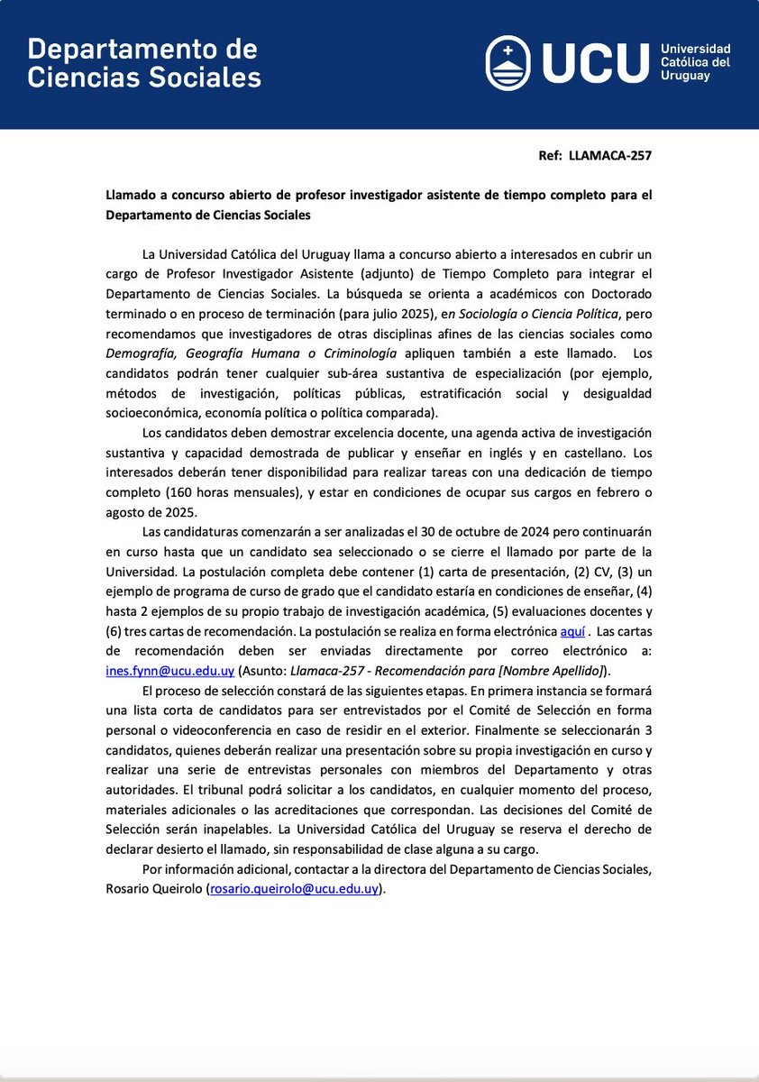 Ciencias Sociales - UCU (@csociales_ucu) on Twitter photo 📢Llamado a concurso abierto de profesor investigador asistente de tiempo completo para el Departamento de Ciencias Sociales.
Link para aplicación: bpm.ucu.edu.uy/public/01LPOSD
Dirección electronica para cartas de recomendación: ines.fynn@ucu.edu.uy
Detalles del llamado: 👇 📢Llamado a concurso abierto de profesor investigador asistente de tiempo completo para el Departamento de Ciencias Sociales.
Link para aplicación: bpm.ucu.edu.uy/public/01LPOSD
Dirección electronica para cartas de recomendación: ines.fynn@ucu.edu.uy
Detalles del llamado: 👇