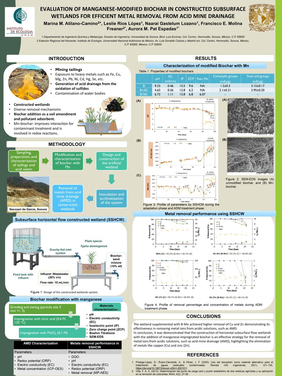 Hi <a href="/LatinXChem/">LatinXChem</a>, presenting my work ‘Evaluation of manganese-modified biochar in constructed subsurface wetlands for efficient metal removal from acid mine drainage’ at #LatinXChem24 #LatinXChemEnv #Env054

#biochar #wetland #metalremoval #metalpollution #acidminedrainage #AMD