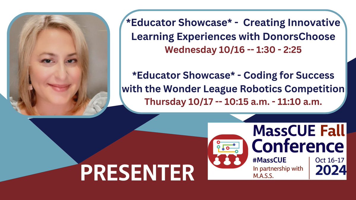 Excited to share about two of my favorite topics during the Educator Showcase at #MassCUE this week! <a href="/DonorsChoose/">DonorsChoose</a> on Wednesday &amp; <a href="/WonderWorkshop/">Wonder Workshop</a>  Dash Robots and the Wonder League Robotics Competition on Thursday! 😀