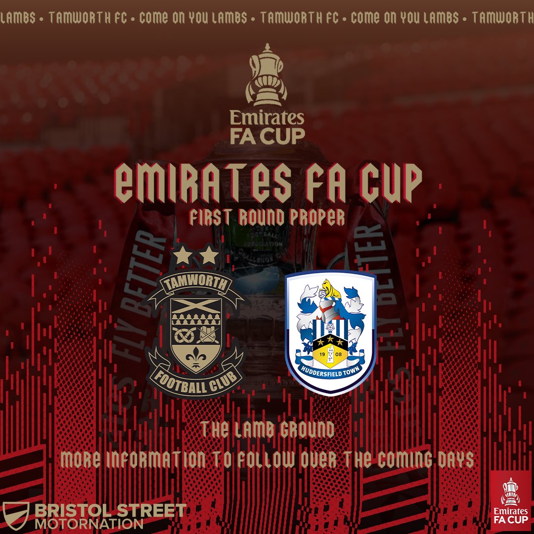 tamworthfc's tweet photo. 🗳️ 𝗙𝗜𝗥𝗦𝗧 𝗥𝗢𝗨𝗡𝗗 𝗗𝗥𝗔𝗪 🗳️ 

🐑 Tamworth FC will play host to @htafc in the @emiratesfacup First Round

#bristolstreetmotors | #COYL 🐑⚽️ https://t.co/HMG8eoQTfi