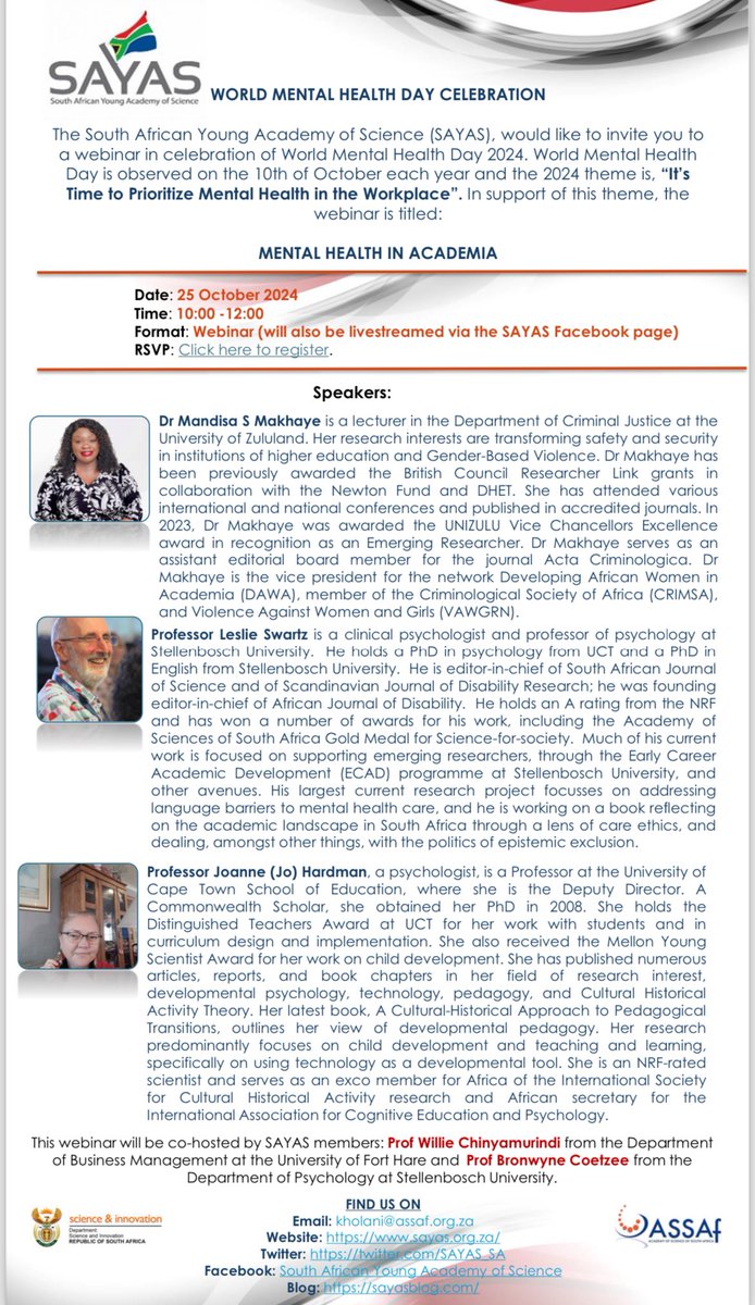 Join SAYAS for a webinar this month in support of #WorldMentalHealthDay 
Details:
25 October 2024
10:00 -12:00
Format: Webinar
Register here: lnkd.in/gtR_2K5r #mentalhealthinacademia