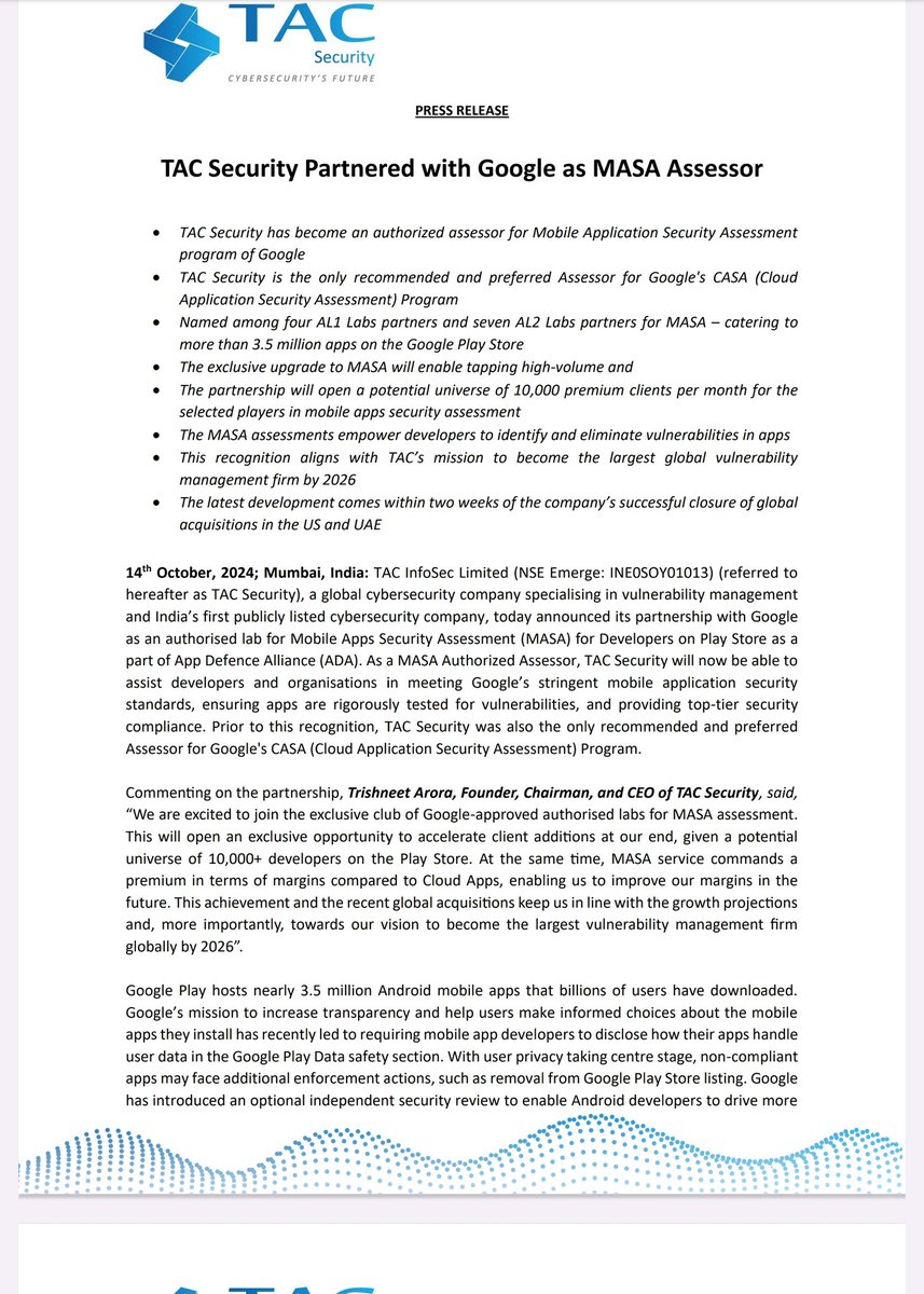 Stockxwatcher's tweet image. Headline: #TACSecurity Partners with Google as Mobile App Security Assessor

Summary: TAC Security has partnered with Google as an authorized assessor for the Mobile Application Security Assessment (MASA) program. This partnership allows TAC Security to evaluate mobile apps on…