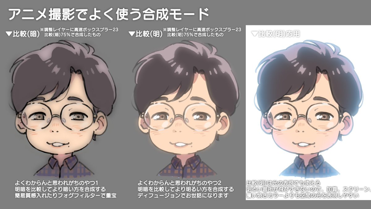 J_Taka2's tweet photo. アニメ撮影でよく使う合成モードと所感
※個人の感想です。好みには個人差があります。
#AfterEffects https://t.co/lmuhM0XFEx