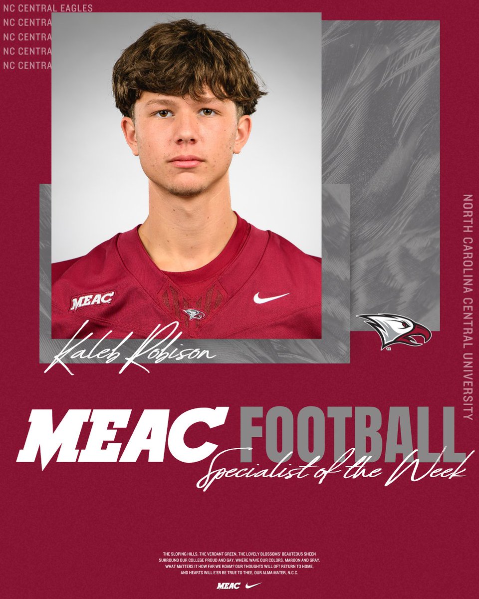 NCCU Athletics (@nccuathletics) on Twitter photo Congratulations to Trevon Humphrey and Kaleb Robison for earning MEAC Offensive Lineman of the Week and MEAC Specialist of the Week!
#CultureOverScheme #BeGreat #NCCUFootball #EaglePride Congratulations to Trevon Humphrey and Kaleb Robison for earning MEAC Offensive Lineman of the Week and MEAC Specialist of the Week!
#CultureOverScheme #BeGreat #NCCUFootball #EaglePride