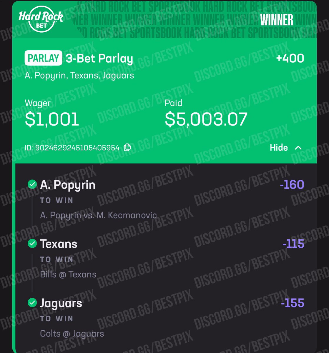 _BESTPIX's tweet photo. Great b2b weekends on #NFL picks! Join the FREE discord today for all the money  plays !💰💰
$190 -> $3600 ✅
$1000 -> $5000 ✅
$250 -> $1300 ✅
https://t.co/HvkjvNosQ7

#NFLPicks #sportsbet #GamblingX #sportspicks https://t.co/LPA6hBthE6