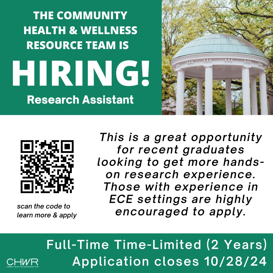 The Community Health &amp; Wellness Resource Team is hiring a Behavioral Health Intervention Counselor and a Research Assistant! Scan the QR codes to learn more about the roles and apply by 10/28 to be considered. #JobOpening #ECE
