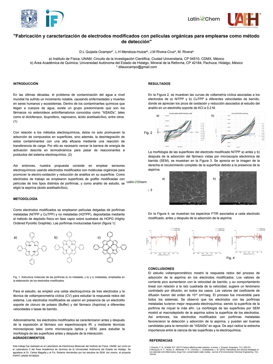 DianiQuija59737's tweet photo. Hi @LatinXChem, presenting our work "Fabricación y caracterización de electrodos modificados con películas orgánicas para emplearse como método de detección" at #LatinXChem24  
#LatinXChemNanoMat 
#NanoMat131 
#electrochemistry
#porphyrins
#materialsscience https://t.co/SZtNCkVAoG