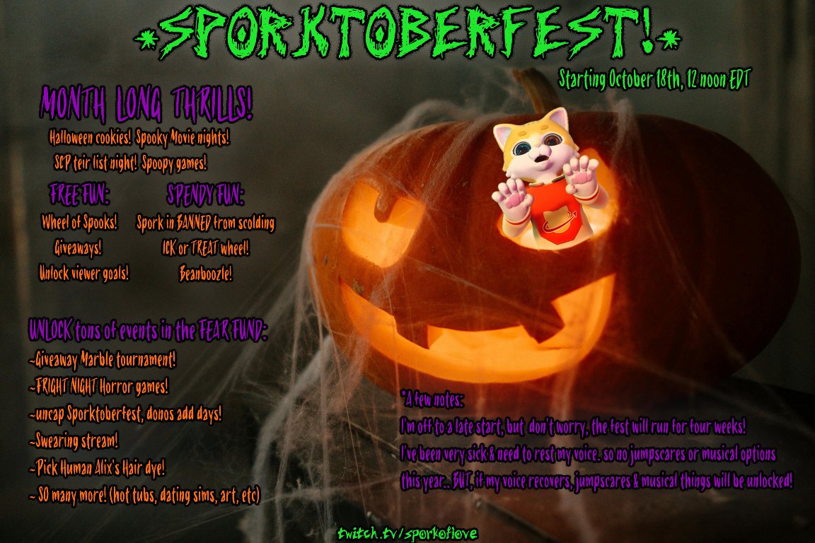 SporkOfLove's tweet photo. I'm FINALLY returning to streaming! 🥳 FRIDAY! 🥳 
I have been sick for nearly a month, but I'm going to be well enough to kick off the annual Halloween fest!!

I hope to see everyone there! https://t.co/XXvr0BCJGY