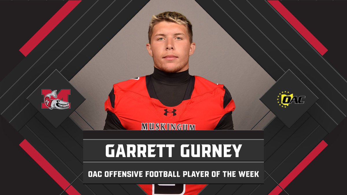 The Ohio Athletic Conference has announced that Muskingum junior quarterback Garrett Gurney has been named OAC Offensive Football Player of the Week for his tremendous effort in this week's contest! #DefendTheM <a href="/brandonhannahs/">Brandon Hannahs</a> <a href="/WHIZscores/">WHIZ Sports</a> <a href="/Orbit907News/">Orbit Media</a> <a href="/DresdenBuzz/">dresdenbuzz</a> <a href="/AVCSCORES/">AVC Sports</a>