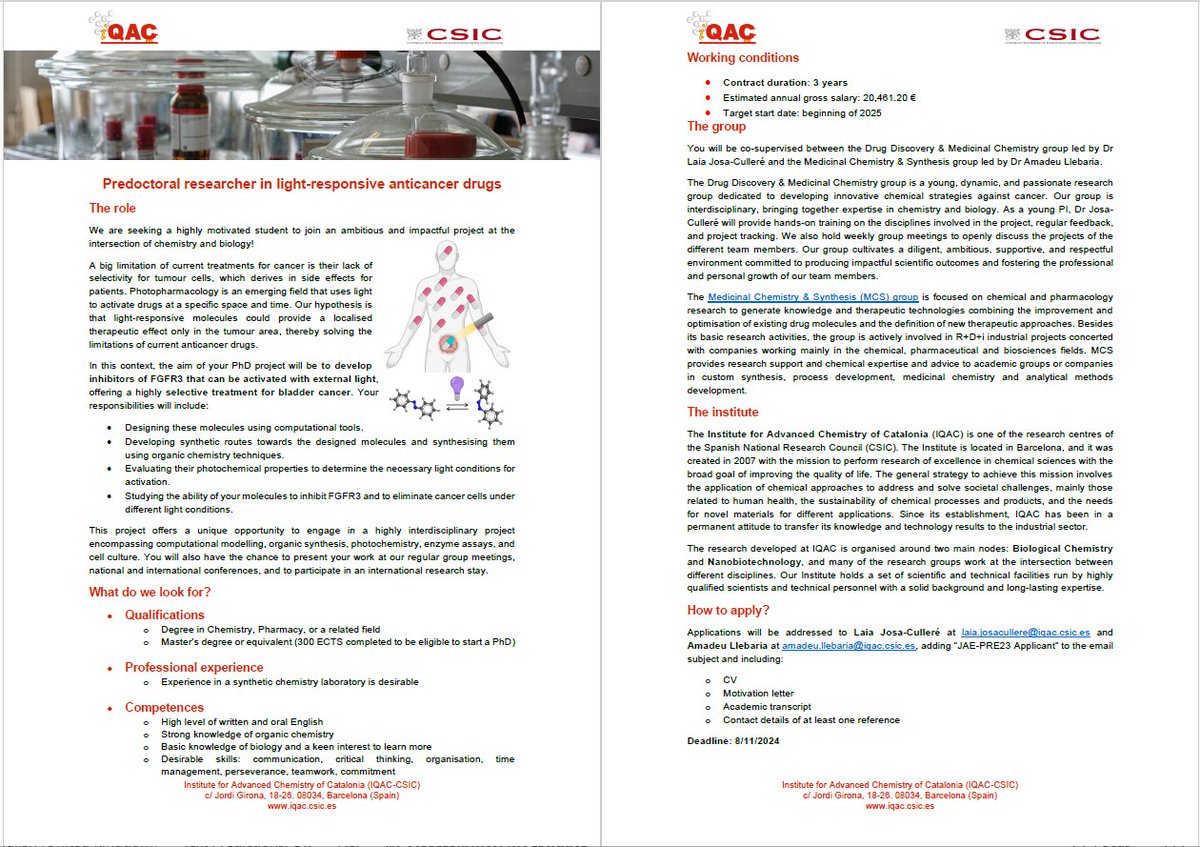 📢 I'm hiring! Are  you passionate about developing innovative drugs against cancer? We are  seeking a motivated PhD student to work on light-responsive drugs against bladder cancer. Join us <a href="/IQAC_CSIC/">Institute for Advanced Chemistry of Catalonia</a> on an interdisciplinary project with chemistry, biology, and photopharmacolgy!