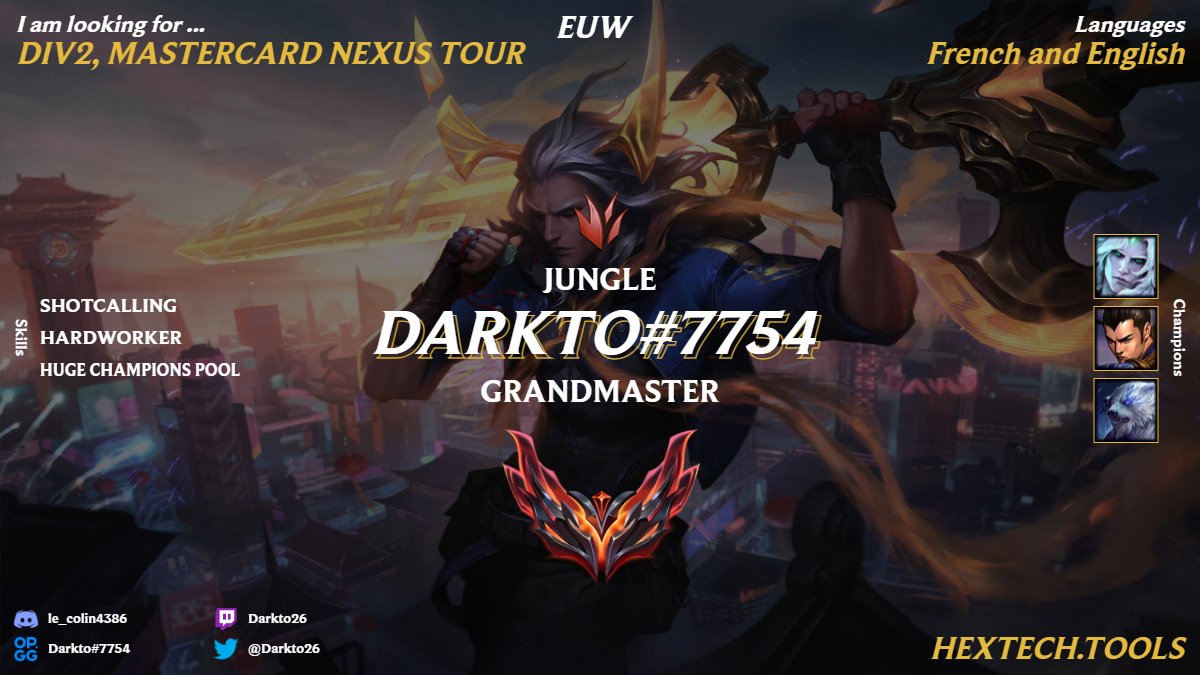 Darkto (@darkto26) on Twitter photo Salut tout le monde,
Je suis à la recherche d’une équipe compétitive et sérieuse pour jouer le Nexus Tour.
Sérieux et motivé pour rejoindre un bon projet et réaliser une grosse saison.
<a href="/LoL_LFT_Fr/">LoL LFT Fr</a>
Like et RT appréciés. Salut tout le monde,
Je suis à la recherche d’une équipe compétitive et sérieuse pour jouer le Nexus Tour.
Sérieux et motivé pour rejoindre un bon projet et réaliser une grosse saison.
<a href="/LoL_LFT_Fr/">LoL LFT Fr</a>
Like et RT appréciés.