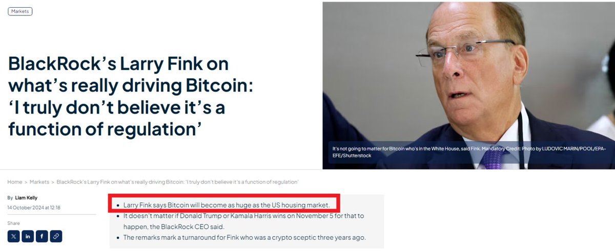 Barchart's tweet photo. JUST IN 🚨: Bitcoin $BTC will become as big as the entire U.S. Housing Market says BlackRock $BLK CEO Larry Fink.  For reference, Bitcoin's market size is currently $1.3 Trillion while the U.S. Housing Market is north of $50 Trillion.