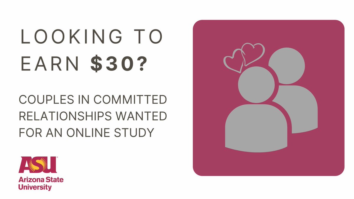CHPDP (@asuchpdp) on Twitter photo 🚩Arizona State University study seeks couples of all ethnicities for an online survey.
Must be ages 18-65. Visit our website to learn more and see if you’re eligible!
Participation is voluntary.
projectsnaapasu.com
<a href="/ASUCHPDP/">CHPDP</a> <a href="/asunursing/">ASU Edson College of Nursing and Health Innovation</a> <a href="/ProjectSNAAP/">Project SNAAP</a> 🚩Arizona State University study seeks couples of all ethnicities for an online survey.
Must be ages 18-65. Visit our website to learn more and see if you’re eligible!
Participation is voluntary.
projectsnaapasu.com
<a href="/ASUCHPDP/">CHPDP</a> <a href="/asunursing/">ASU Edson College of Nursing and Health Innovation</a> <a href="/ProjectSNAAP/">Project SNAAP</a>