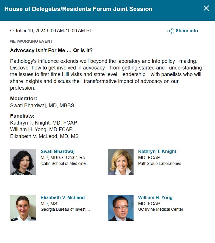 Coming to the <a href="/Pathologists/">CAPathologists</a> #CAP24 this weekend? Make sure to attend the Joint #HouseOfDelegates #ResidentsForum session, Saturday 9 AM, on what's advocacy all about, overcoming barriers in getting involved and how to get involved! 
<a href="/ALBoothMD/">Adam L. Booth, MD</a> <a href="/VaishaliPansare/">VAISHALI PANSARE</a> <a href="/AshleyGochoco/">Ashley Gochoco, D.O.</a>