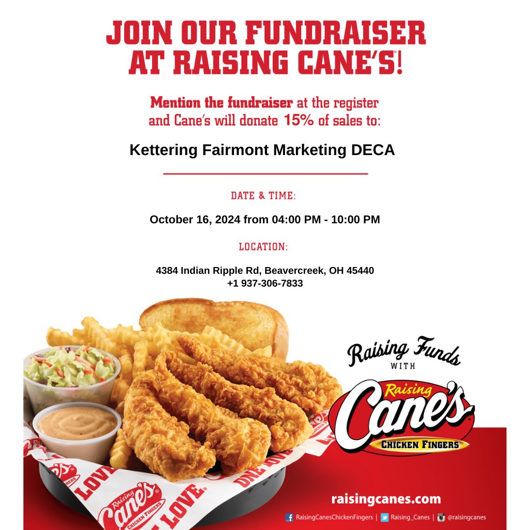 Join us Wednesday night at Raising Cane’s by The Greene for our Fairmont DECA fundraiser!! 15% of sales go to DECA’s program! #GoBirds #DECA #BeTheOne