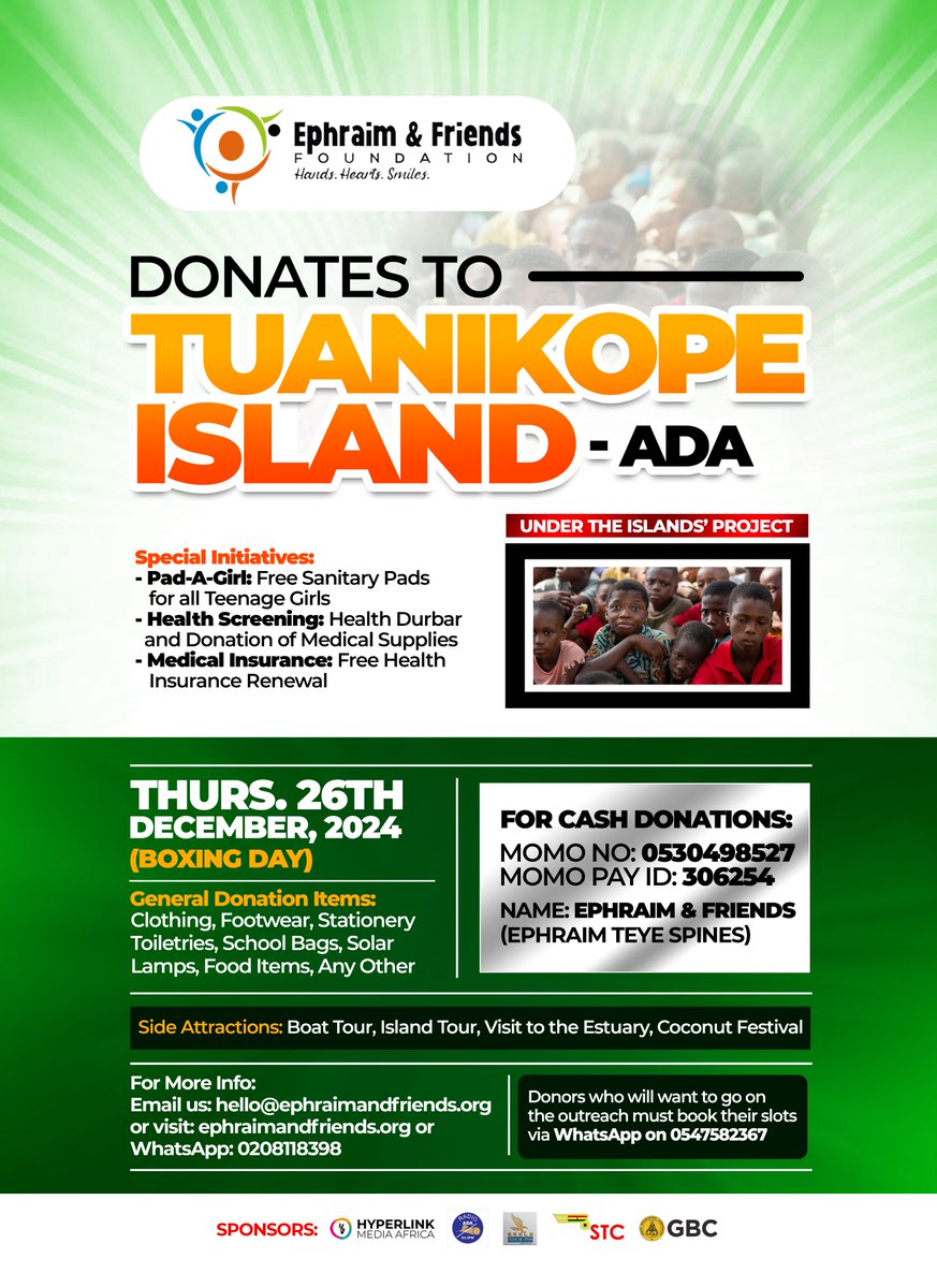 ets_foundations's tweet photo. Join Ephraim &amp; Friends Foundation this Boxing Day as we bring smiles to Tuanikope Island - Ada! 🌍

#TheIslandsProject
#EphraimAndFriendsFoundation
#FreeHealthScreening
#FreeHealthInsurance
#PadAGirlInitiative
#HandsHeartsSmile
#WeGoAgain
#GodIsOurHelp
#IslandOutreach https://t.co/3YqGXnNFcK