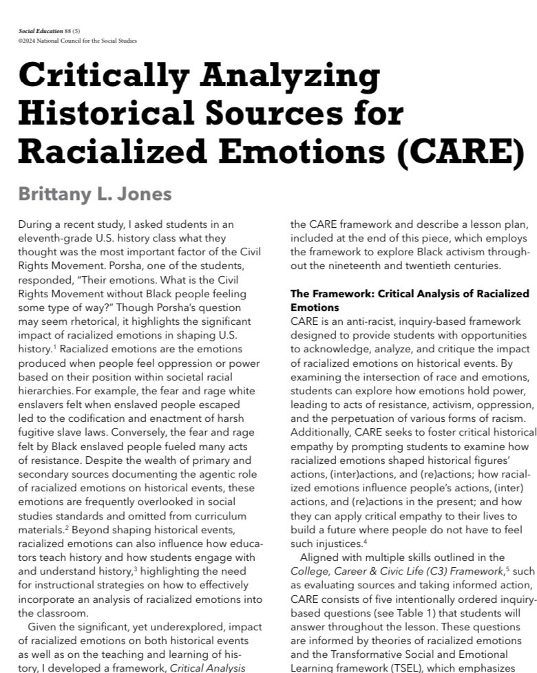 Dr. Brittany Jones (@lovejones_6) on Twitter photo How can teachers guide students through a critical analysis of race and emotions using historical sources? Check out my new piece where I discuss my CARE Framework! <a href="/NCSSNetwork/">National Council for the Social Studies (NCSS)</a> How can teachers guide students through a critical analysis of race and emotions using historical sources? Check out my new piece where I discuss my CARE Framework! <a href="/NCSSNetwork/">National Council for the Social Studies (NCSS)</a>