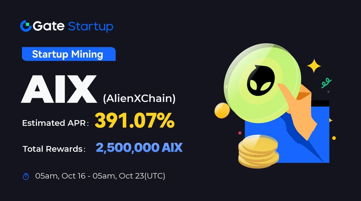 Gate_Launch's tweet image. Startup #Mining Initial Offering $AIX: Earn Rewards Hourly @ALIENXchain 
 
🔺Total Rewards: 2,500,000 $AIX 
🔺Period: 5:00 AM, Oct 16 - Oct 23 (UTC) 
🔺Staking Assets: $USDT and $GT
🔺Estimated APR: 391.07% 
💰Earn: gate.io/startup-mining… 

Trading: 9:00 AM, Oct 23 (UTC) 
More:…
