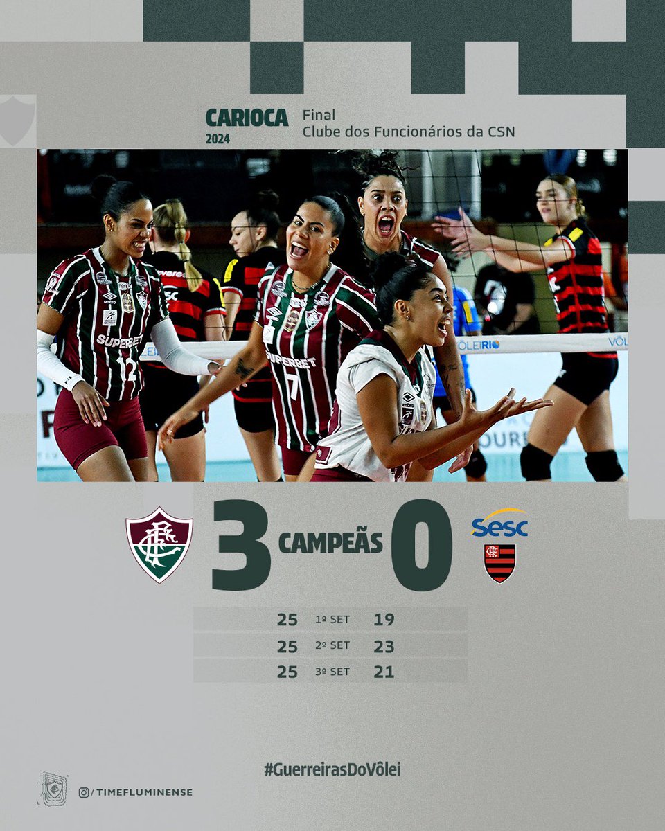 FluminenseFC's tweet photo. VEEEEEENNNNNNCEEEEE O FLUMINEEEEENNNNSEEEEE! É CAMPEÃÃÃÃOOOOO! 

#GUERREIRASDOVÔLEI SUPERAM O FLAMENGO POR 3 SETS A 0 E CONQUISTAM O CARIOCA DE VÔLEI! VAAAAAMMMMMOOOSS, TRICOLOR! https://t.co/PSy6RBN2rn