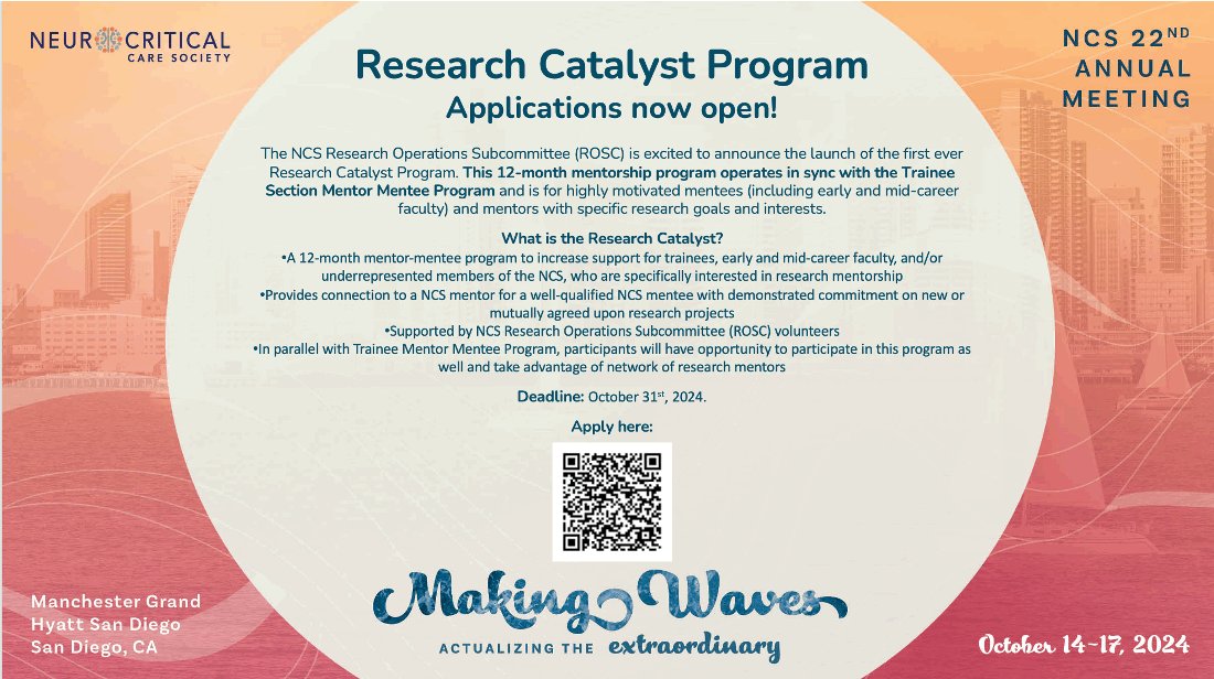 Research Catalyst [Trainee &amp; Early Career] Mentorship Program by <a href="/neurocritical/">Neurocritical Care Society</a> 's ROSC - Open for Applications!! Also - a call for mentors!! Same application. <a href="/HeraKamdar/">Hera A. Kamdar, MD</a> @cardinalsgirl22 <a href="/drdangayach/">Neha Dangayach MD MSCR FAAN FANA FCCP FCCM FNCS</a> <a href="/JennKimMDPhD/">Jenn Kim</a> <a href="/sherifelezaby/">SHERIF MAHMOUD</a> <a href="/MainaliShraddha/">drMainali</a> #neurocritical #NCS2024 😀🧐🤠