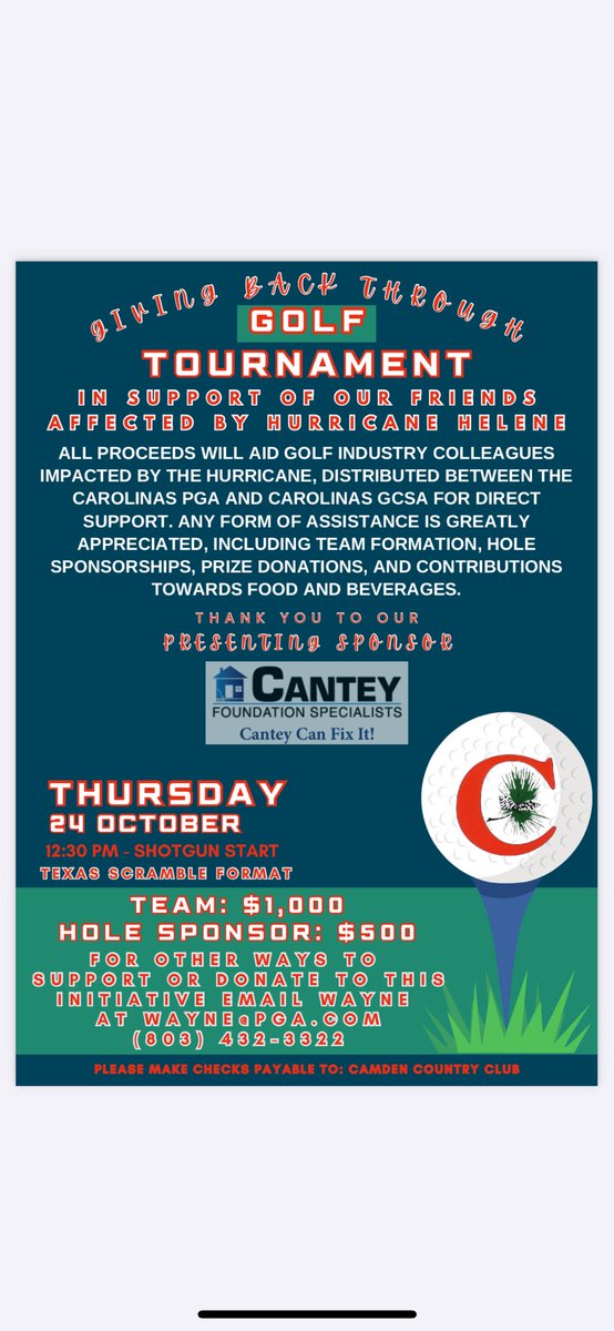We are doing our part to help the ones we can. All funds raised will go to the CGCSA and The CPGA for them to distribute to those in need. Please reach out if you would like to sponsor a team or a hole. If you have any questions please send an email to Wayne Watts wayne@pga.com