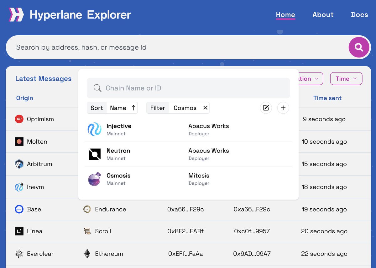 Explorer Expansion.

The Hyperlane Explorer now displays messages between Cosmos chains like @Neutron_org <a href="/injective/">Injective 🥷</a> and <a href="/osmosiszone/">Osmosis 🧪</a>!

Explore ⏩ explorer.hyperlane.xyz