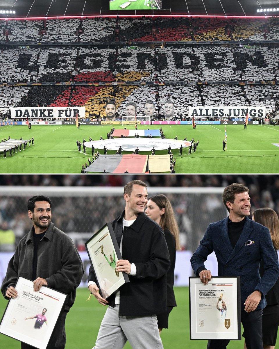 The German national team held a farewell tribute before kick-off vs. the Netherlands for Ilkay Gündogan, Manuel Neuer, Thomas Müller and Toni Kroos following their retirements from international football 🇩🇪❤️
