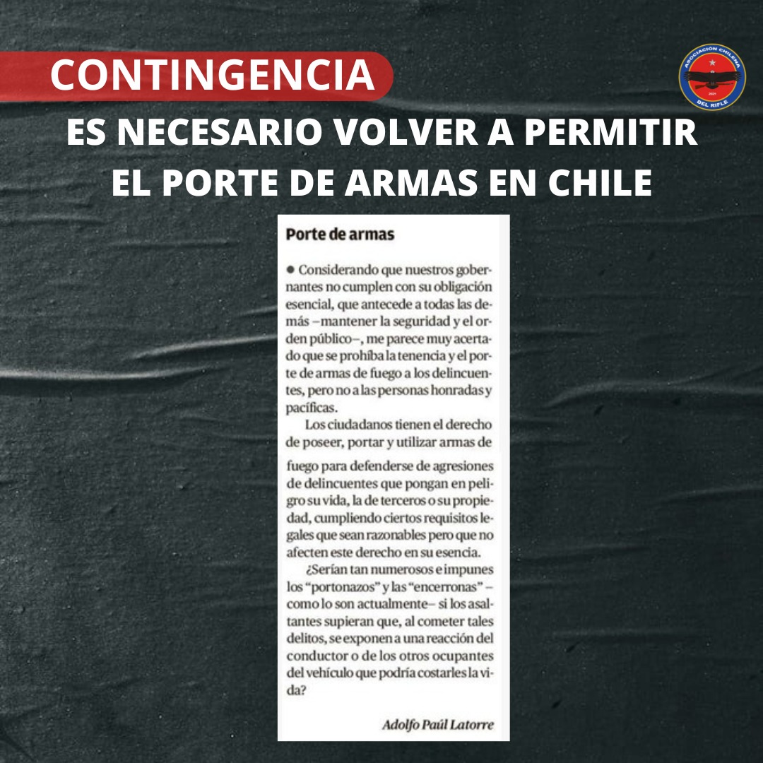AcdrChile's tweet photo. En Chile, obtener un permiso de porte de 🔫 es extremadamente complicado. Mientras que en los años 90 se otorgaban más de mil permisos anuales, hoy solo hay uno autorizado. Esta drástica reducción plantea serias dudas sobre la efectividad de estas políticas, especialmente considerando que la delincuencia ha alcanzado niveles alarmantes. La premisa de que "menos 🔫 significan más seguridad" no se sostiene en la realidad.

La experiencia de otros países latinoamericanos, como Perú, Colombia y especialmente El Salvador, ofrece perspectivas interesantes. A pesar de sus propios desafíos en violencia, El Salvador ha implementado una de las leyes de control de armas más permisivas. Bajo la administración del presidente Bukele, la estrategia de mano dura contra la delincuencia, junto con la posibilidad de que ciudadanos respetuosos de la ley puedan defenderse con herramientas legítimas, ha logrado reducir significativamente la criminalidad.

Esto nos lleva a cuestionar las políticas actuales en Chile. La restricción del acceso a 🔫 para ciudadanos responsables no parece haber frenado la delincuencia; al contrario, podría desarmar a quienes podrían defenderse. La experiencia salvadoreña sugiere que una regulación equilibrada, que permita la defensa personal junto a una firme acción estatal contra el crimen, podría ser más efectiva.

Es fundamental que el debate sobre el porte de 🔫 en Chile no se limite a la restricción, sino que reconozca el derecho de los ciudadanos a protegerse. Encontrar un equilibrio entre regulación y defensa personal es esencial para construir un futuro más seguro para todos los chilenos.